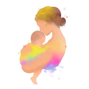 Anneler Günün kutlu olsun. Bebek siluetiyle mutlu bir anne ve kırpma yolu olan soyut suluboya tablosu.