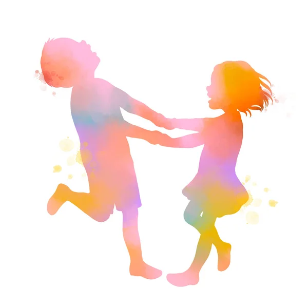 Dvě Šťastné Děti Hrají Togather Siluetu Abstraktní Akvarel Výstřižkem Cestu — Stock fotografie