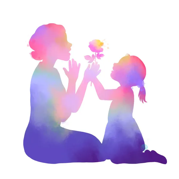 Gelukkige Moederdag Gelukkig Mam Met Haar Baby Silhouet Abstract Aquarel — Stockfoto