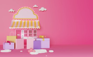 3D mağaza cephesi, online alışveriş konsepti, Winter. 3d illüstrasyon veya 3d canlandırma.