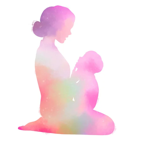 Glücklicher Muttertag Glückliche Mutter Mit Ihrer Baby Silhouette Abstrakter Aquarellmalerei — Stockfoto