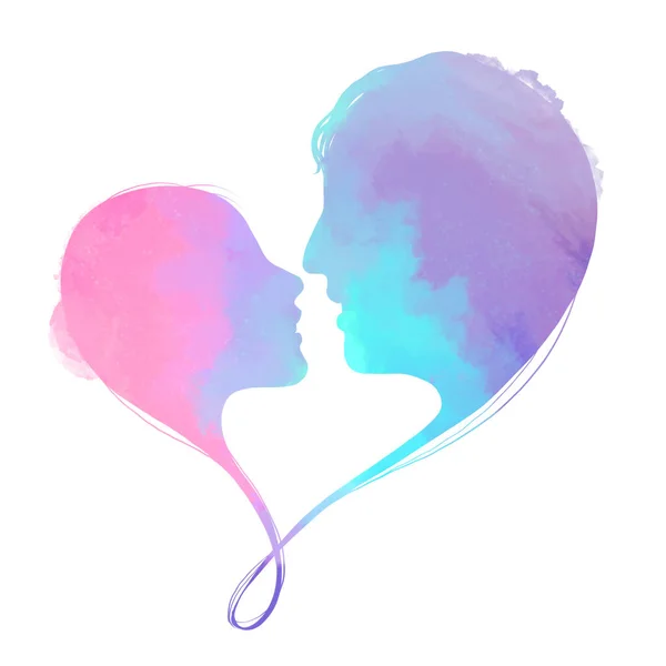 Romantic Valentine Lovers Silhouette Watercolor Heart Background Love First Sign — Fotografia de Stock