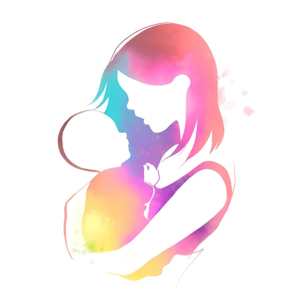Happy mother\'s day. Happy mom with her baby silhouette plus abstract watercolor painting with clipping path.