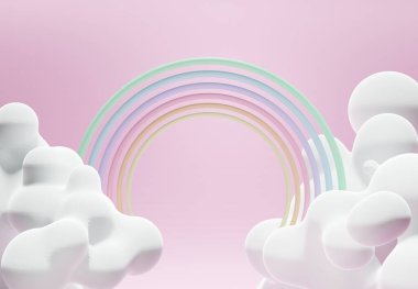 Durup renkli pastel bulutları ve gökkuşağını göster. 3 boyutlu görüntüleme. Reklam için bir sahne, podyum için minimalist model veya vitrin.