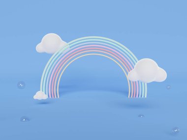 Üç boyutlu renkli pastel bulutlar ve gökkuşağı çizimi çocuklar ve bebek ürünleri için boş alan.