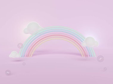 Üç boyutlu renkli pastel bulutlar ve gökkuşağı çizimi çocuklar ve bebek ürünleri için boş alan.