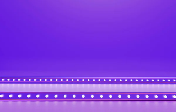 Escenario Vacío Púrpura Con Lámparas Fluorescentes Banners Fiestas Brillantes Fondo — Foto de Stock