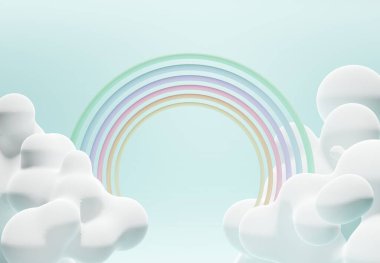 Durup renkli pastel bulutları ve gökkuşağını göster. 3 boyutlu görüntüleme. Reklam için bir sahne, podyum için minimalist model veya vitrin.