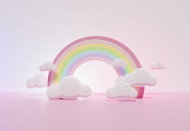 Üç boyutlu renkli pastel bulutlar ve gökkuşağı çizimi çocuklar ve bebek ürünleri için boş alan.