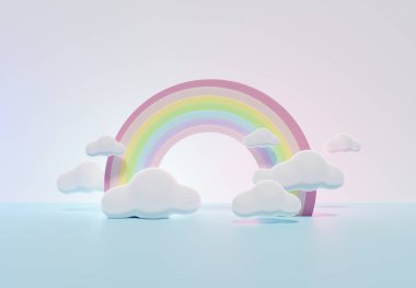 Üç boyutlu renkli pastel bulutlar ve gökkuşağı çizimi çocuklar ve bebek ürünleri için boş alan.
