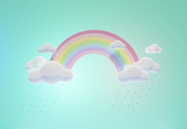 Üç boyutlu renkli pastel bulutlar ve gökkuşağı çizimi çocuklar ve bebek ürünleri için boş alan.