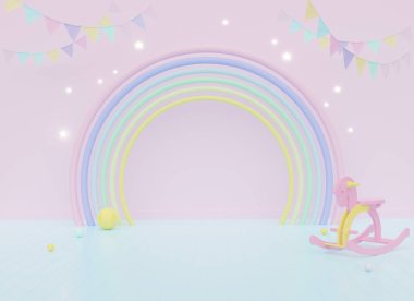 Üç boyutlu renkli pastel bulutlar ve gökkuşağı çizimi çocuklar ve bebek ürünleri için boş alan.