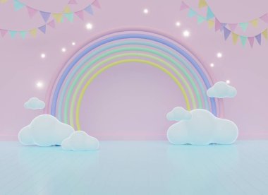 Üç boyutlu renkli pastel bulutlar ve gökkuşağı çizimi çocuklar ve bebek ürünleri için boş alan.