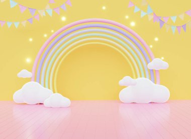 Üç boyutlu renkli pastel bulutlar ve gökkuşağı çizimi çocuklar ve bebek ürünleri için boş alan.