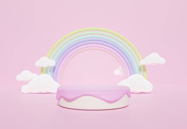 Çocuklar ve bebek maması ürünleri için boş alanı olan renkli pastel bulutların ve gökkuşağının 3 boyutlu çizimi.