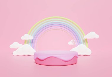 Çocuklar ve bebek maması ürünleri için boş alanı olan renkli pastel bulutların ve gökkuşağının 3 boyutlu çizimi.