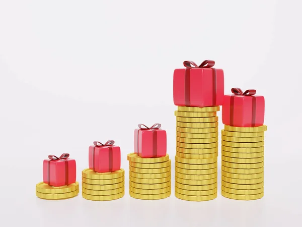 Rendering Pile Monete Oro Con Scatole Regalo Regalo Cliente Concetto — Foto Stock