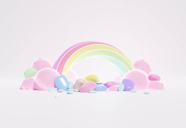 Çocuklar ve bebek ürünleri için boşluğu olan renkli pastel bulutların ve gökkuşağının 3 boyutlu çizimi. Tatlı şeker arka planı.