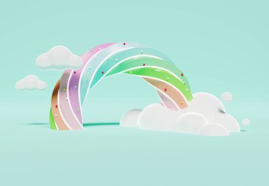 Çocuklar ve bebek ürünleri için boşluğu olan renkli pastel bulutların ve gökkuşağının 3 boyutlu çizimi. Tatlı şeker arka planı.