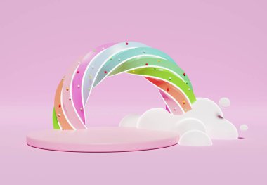 Çocuklar ve bebek ürünleri için boşluğu olan renkli pastel bulutların ve gökkuşağının 3 boyutlu çizimi. Tatlı şeker arka planı.