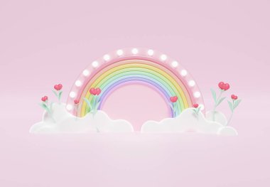 Üç boyutlu renkli pastel bulutlar ve gökkuşağı çizimi çocuklar ve bebek ürünleri için boş alan.