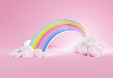 Üç boyutlu renkli pastel bulutlar ve gökkuşağı çizimi çocuklar ve bebek ürünleri için boş alan.
