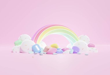 Çocuklar ve bebek ürünleri için boşluğu olan renkli pastel bulutların ve gökkuşağının 3 boyutlu çizimi. Tatlı şeker arka planı.