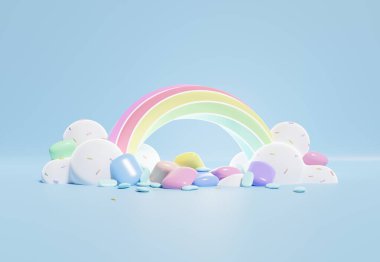 Çocuklar ve bebek ürünleri için boşluğu olan renkli pastel bulutların ve gökkuşağının 3 boyutlu çizimi. Tatlı şeker arka planı.