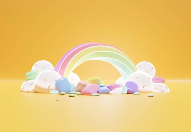 Çocuklar ve bebek ürünleri için boşluğu olan renkli pastel bulutların ve gökkuşağının 3 boyutlu çizimi. Tatlı şeker arka planı.