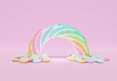 Çocuklar ve bebek ürünleri için boşluğu olan renkli pastel bulutların ve gökkuşağının 3 boyutlu çizimi. Tatlı şeker arka planı.