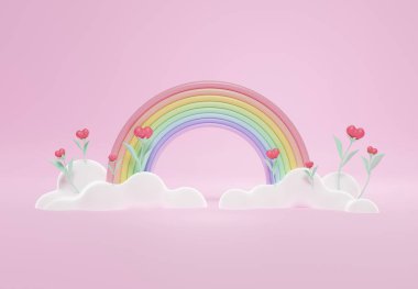 Üç boyutlu renkli pastel bulutlar ve gökkuşağı çizimi çocuklar ve bebek ürünleri için boş alan.