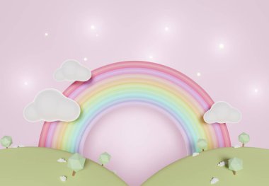 Çocuklar ve bebek ürünleri için boşluğu olan renkli pastel bulutların ve gökkuşağının 3 boyutlu çizimi. Tatlı şeker arka planı.