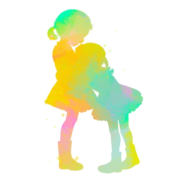Two Happy Kids Playing Together Silhouette Abstract Watercolor Clipping Path — ストック写真