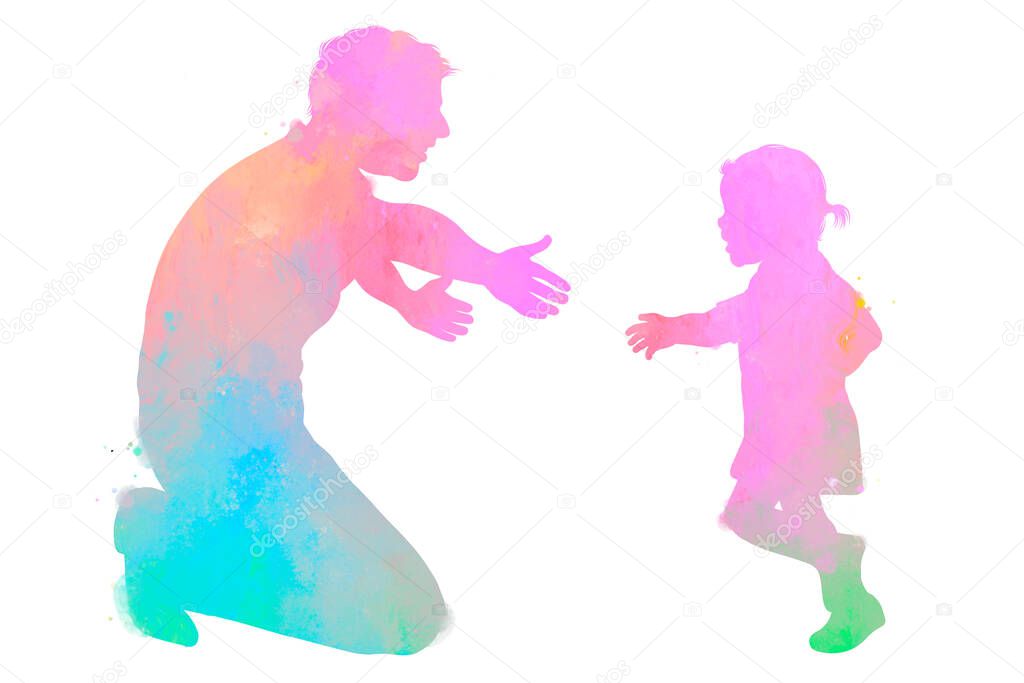 Happy father's day wiht clipping path. Watercolor of father and his kid together. Happy family. Digital art painting.