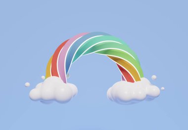 Çocuklar ve bebek ürünleri için boşluğu olan renkli pastel bulutların ve gökkuşağının 3 boyutlu çizimi. Tatlı şeker arka planı.