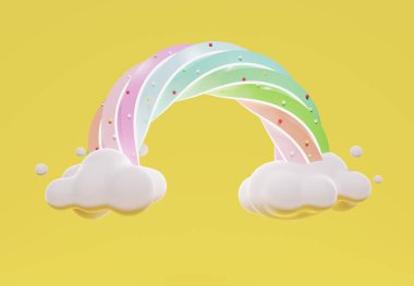 Çocuklar ve bebek ürünleri için boşluğu olan renkli pastel bulutların ve gökkuşağının 3 boyutlu çizimi. Tatlı şeker arka planı.
