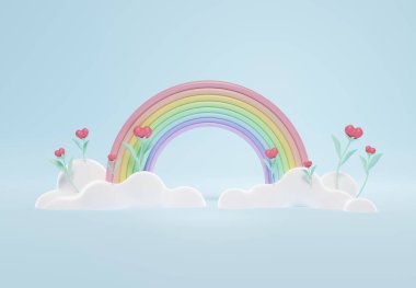 Üç boyutlu renkli pastel bulutlar ve gökkuşağı çizimi çocuklar ve bebek ürünleri için boş alan.