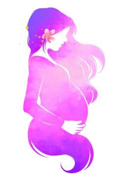 Hamile kadının suluboya resmi. Anneler Günün kutlu olsun. Anne ve bebek sağlığı. Kırpma yolu olan dijital resim.