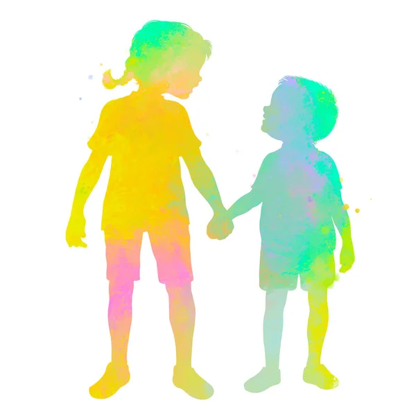 Dvě Šťastné Děti Hrají Spolu Siluetu Abstraktní Akvarel Výstřižkem Cestu — Stock fotografie