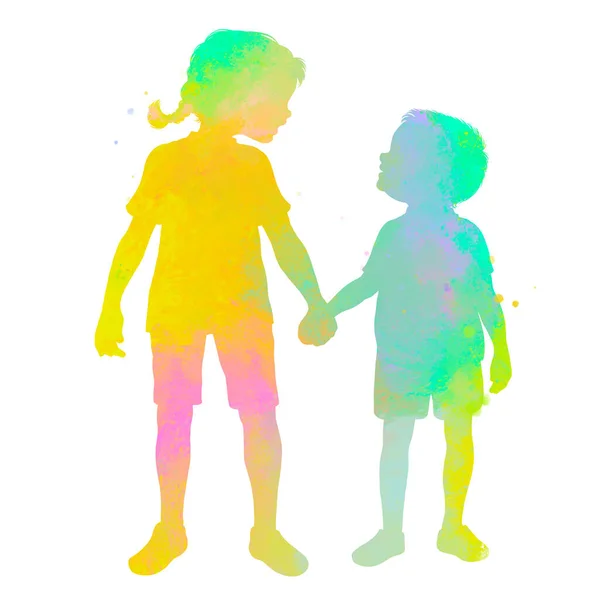 Two Happy Kids Playing Together Silhouette Abstract Watercolor Clipping Path — 스톡 사진