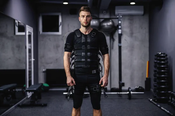 Electrical Muscle Stimulation Confident Hot Male Person Dressed Special Suit — Stock Photo, Image