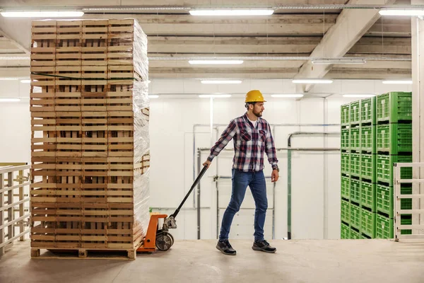 Warehouseman with a forklift. A man in a plaid shirt and with a yellow protective helmet pulls wooden pallets or crates on a hand pallet truck. Preparation for packaging and delivery
