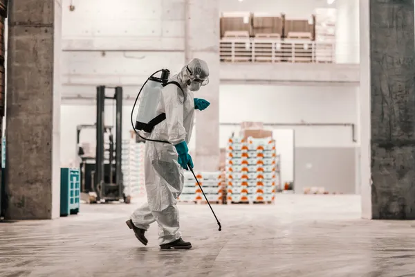 コロナウイルスとの深刻な状況 保護白いスーツの人によるCovid19の抑制と工場倉庫内の清掃場所 クリーニング噴霧器 滞在保護 コロナの状況 — ストック写真