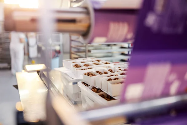 Cookies Arranjados Caixas Uma Fábrica Alimentos — Fotografia de Stock