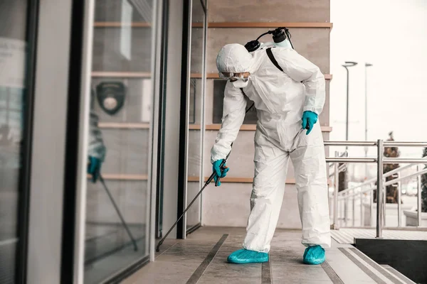 Thorough Disinfection Transparent Entrance Doors Hotel Shot Man White Protective — Stock Photo, Image