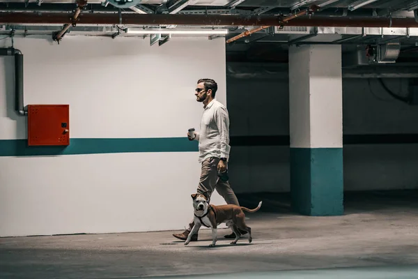 一位穿着白衬衫和太阳镜的商人正在地下车库遛狗 这个大忙人正带着他的狗在找他的车 一个在地下车库带着狗的男人 — 图库照片