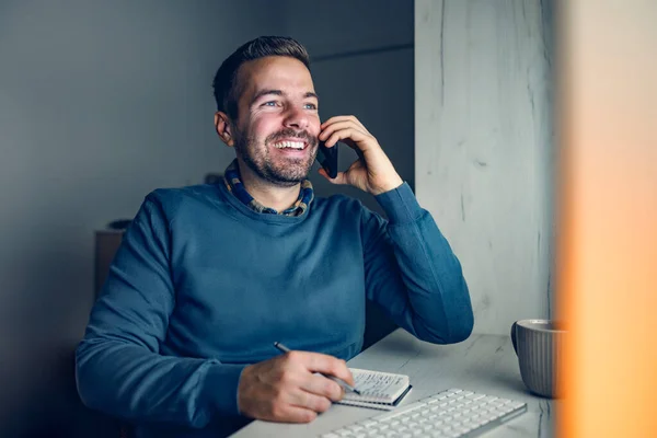 Remote Job Work Home Happy Businessman Sitting His Home Office — Stock Photo, Image