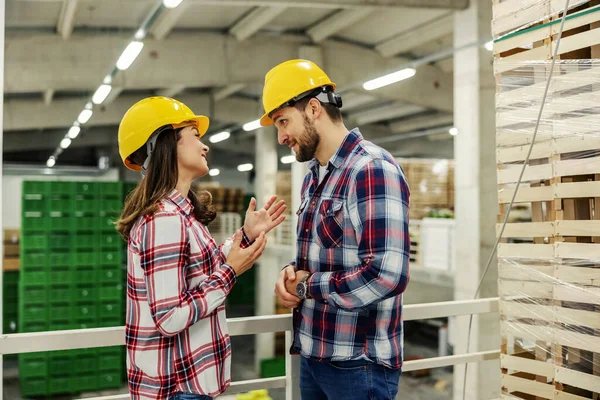 Colleagues Work Plaid Shirts Protective Yellow Helmet Flirt Isolate Space — Stockfoto