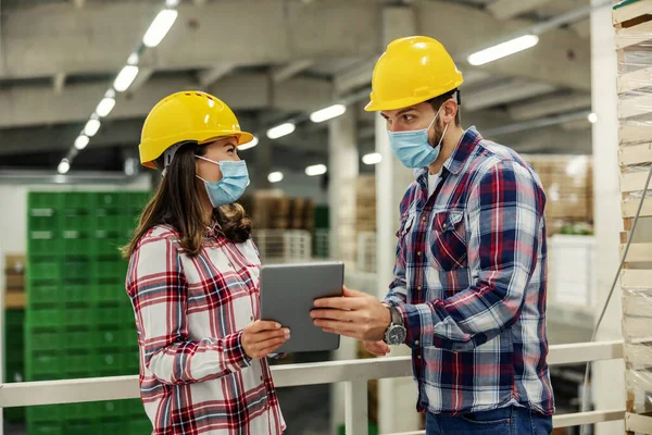 Male Inventory Manager Shows Information Digital Tablet Workers Warehouse Have — Fotografia de Stock