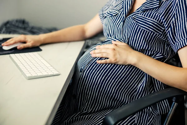 Home Office Pregnant Business Woman Wearing Stripes Dress Business Housewife — Stock Photo, Image